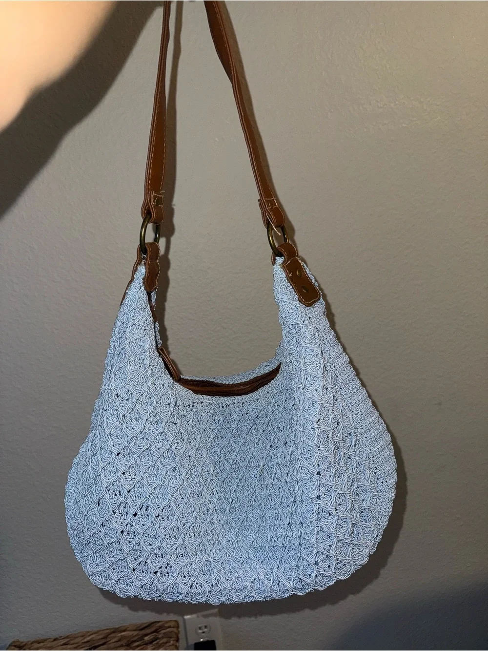 Woven Crochet Shoulder Bag with Brown Leather Strap